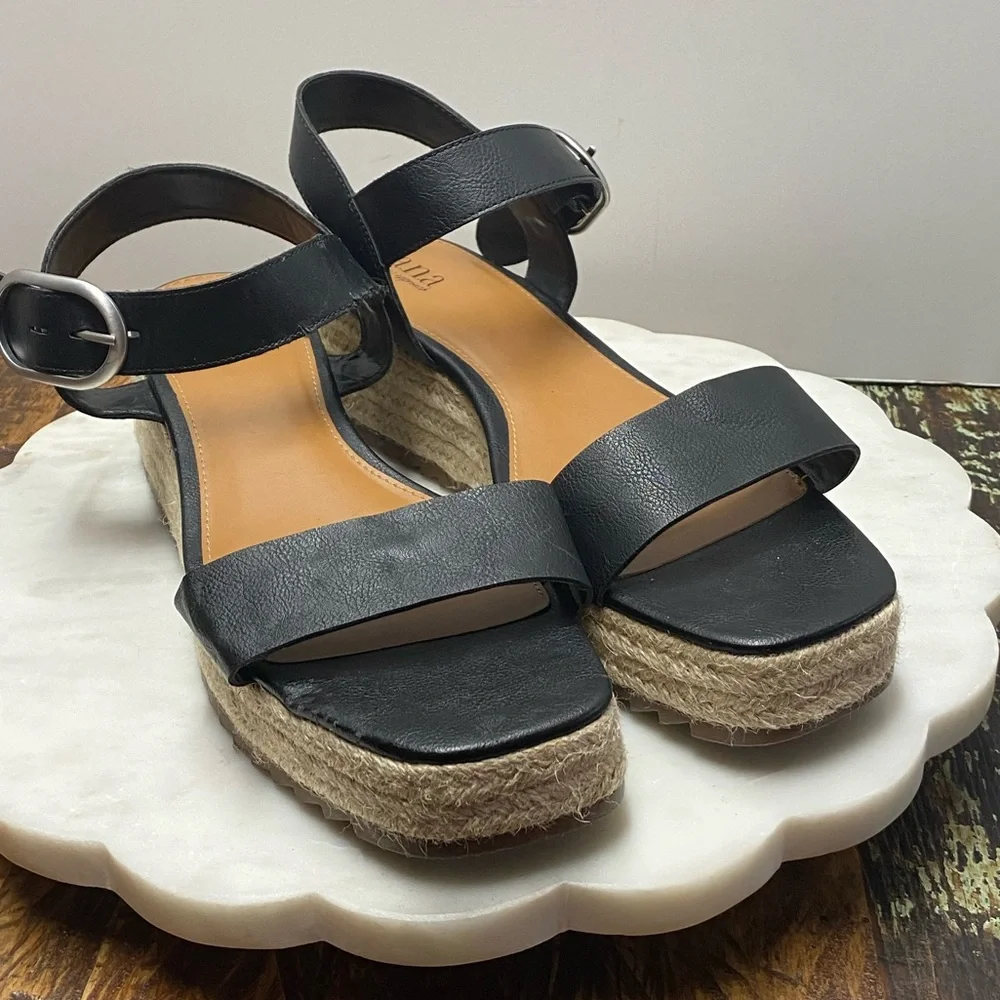 a.n.a Emily Black GenZ Wedge Sandals Espadrilles Platform Leather Size 11